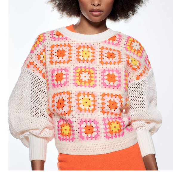 Zara Tops - Zara Chenille Floral Geometric Crocheted Sweatshirt in Ecru/Red